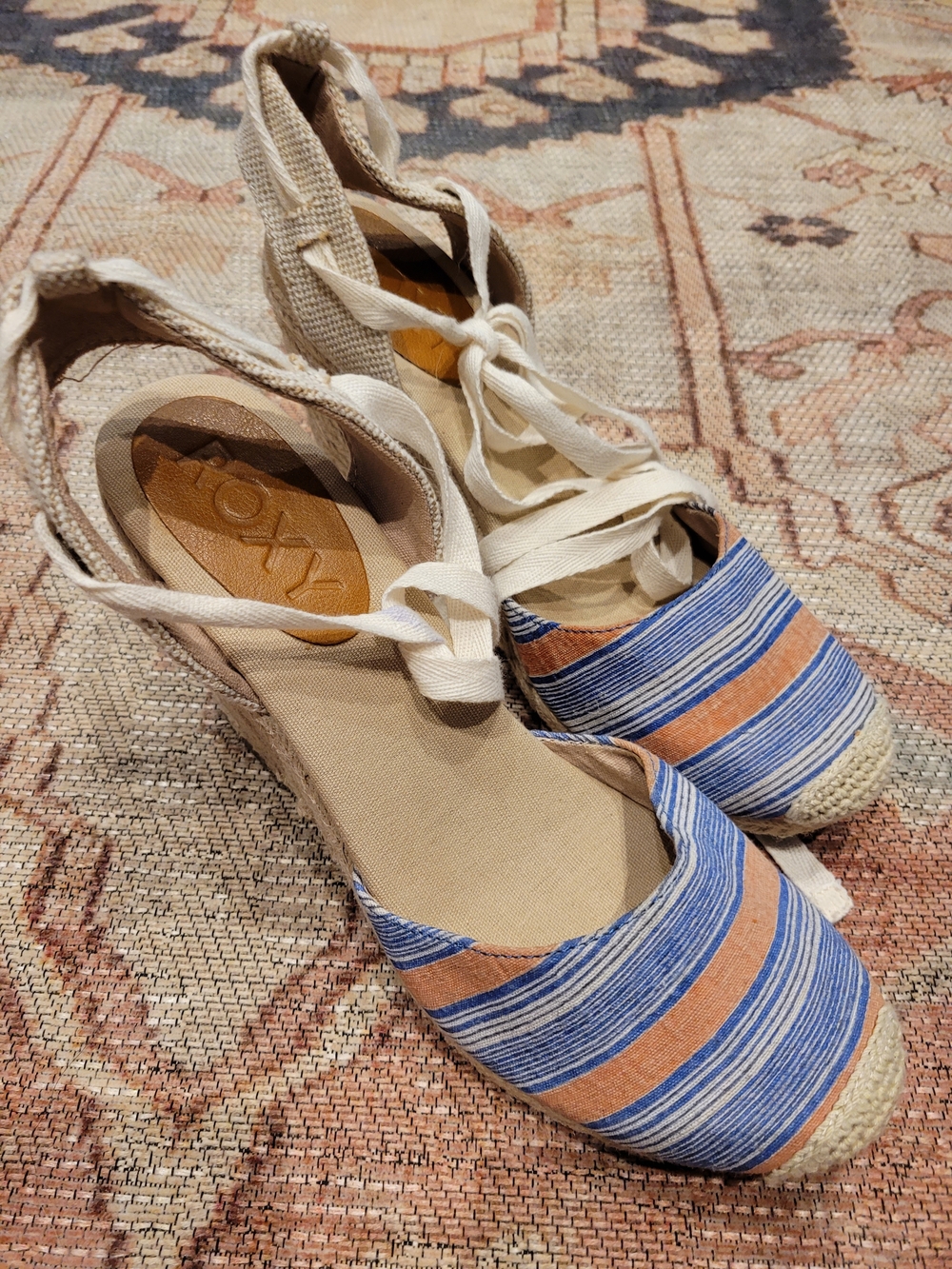 Roxy Women’s Blue & Orange Striped Espadrille Lace-Up Sandals
